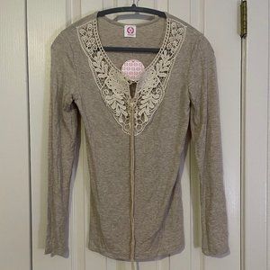 Long-Sleeve Rib Knit Jersey with Lace Scoop Neck